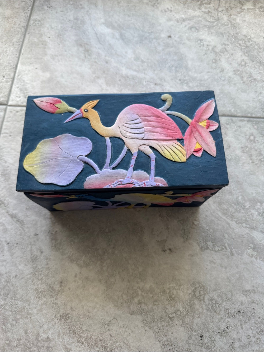 Vintage flamingo carved wood box. Colorful and beautiful